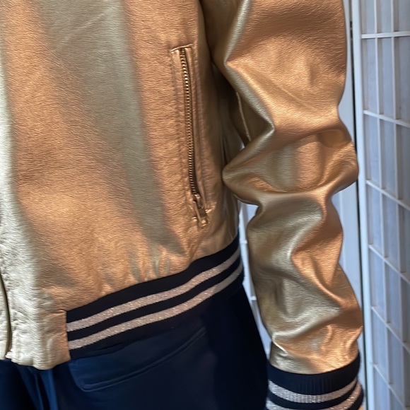 Gold Faux Leather Baseball Jacket Sz L - Picture 3 of 5